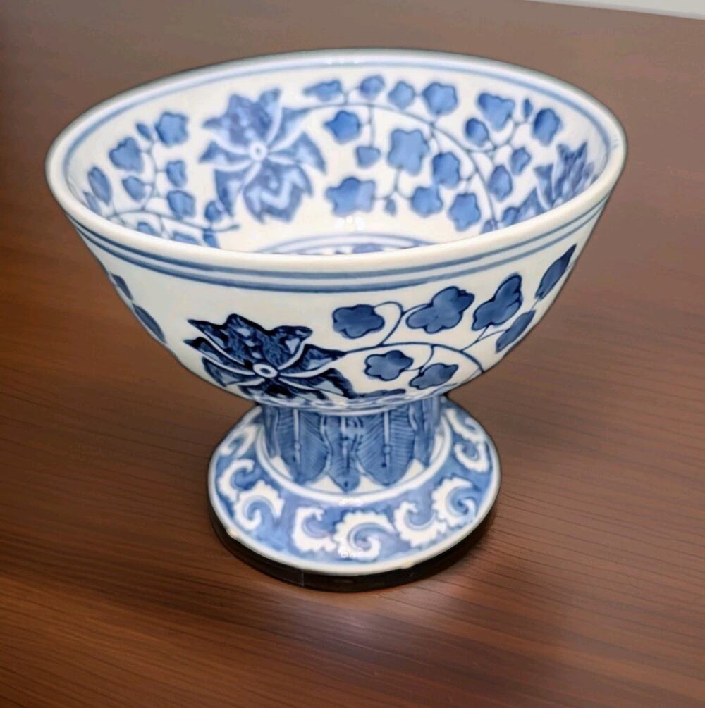 Blue and White Chinoiserie Compote Pedestal Bowl 5" Vintage
